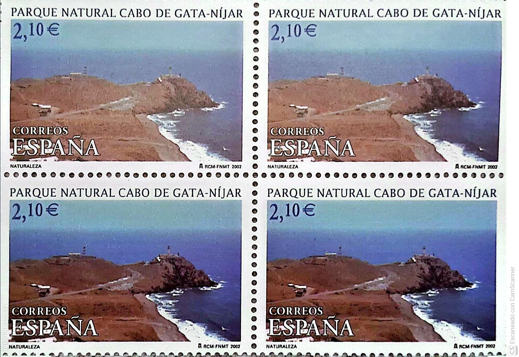Sellos: Espa&ntilde;a. 3885 Parque Natural Cabo de Gata (Almer&iacute;a), en bloque de cuatro. 2002. Sellos nuevos y nume