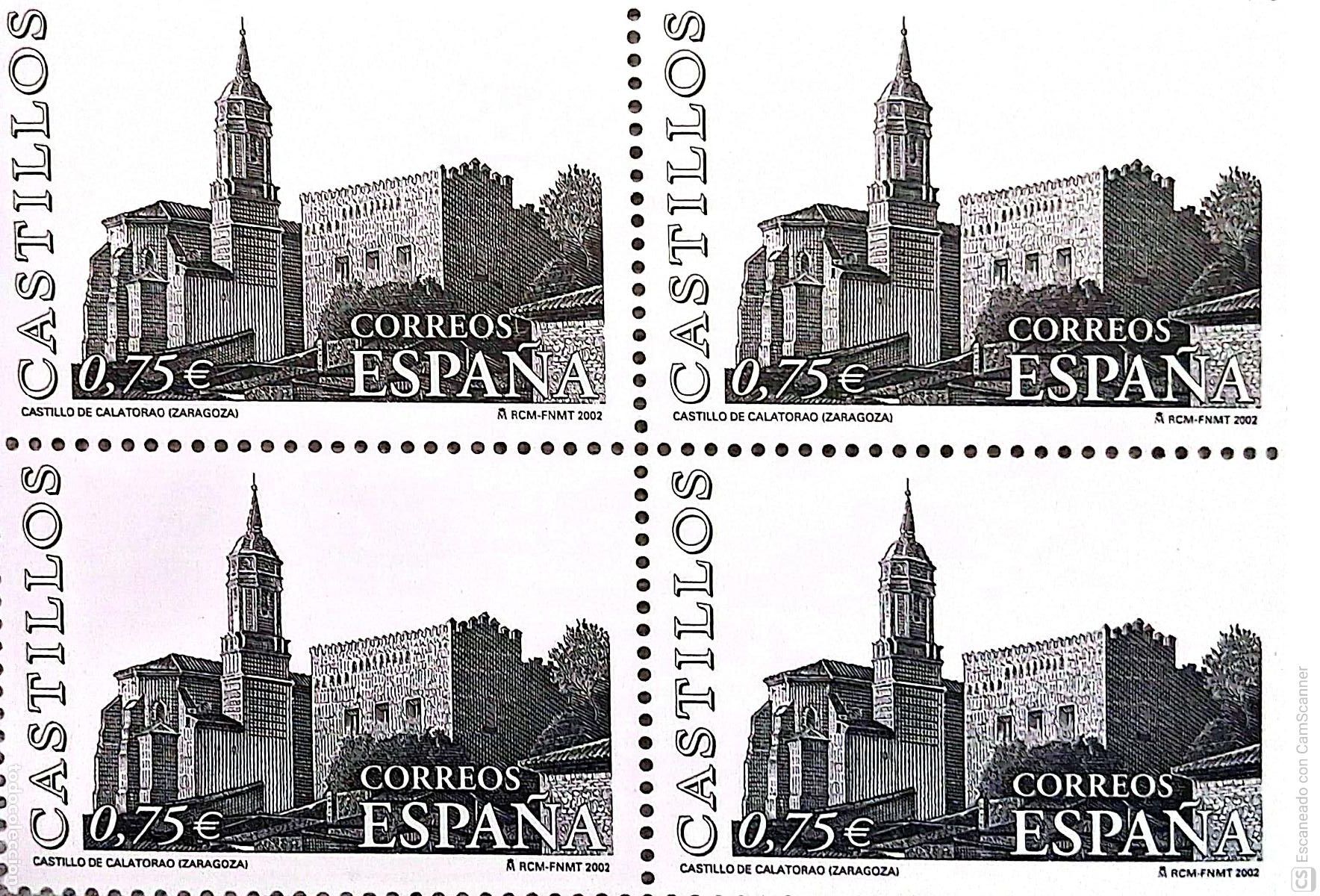 Sellos: Espa&ntilde;a. 3891 Castillos: Calatorao (Zaragoza), en bloque de cuatro. 2002. Sellos nuevos y numeraci&oacute;n