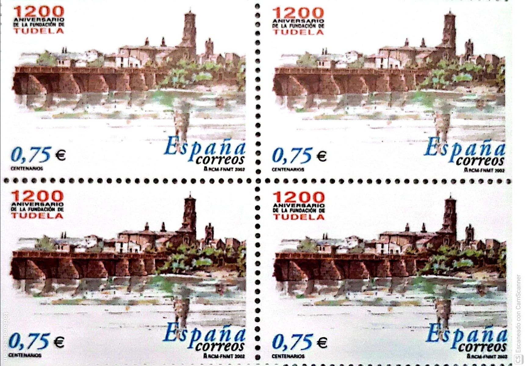 Sellos: Espa&ntilde;a. 3892 Aniversarios: Vista de Tudela, en bloque de cuatro. 2002. Sellos nuevos y numeraci&oacute;n E
