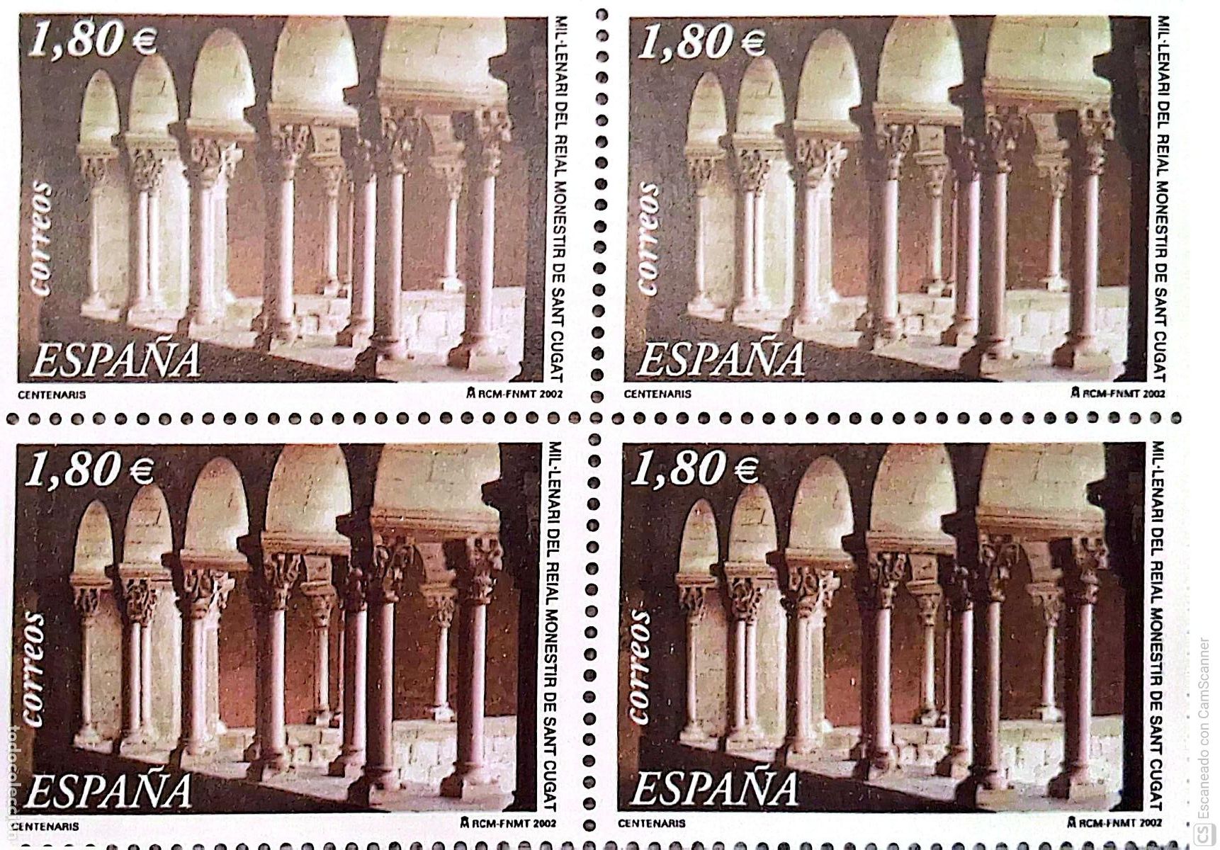 Sellos: Espa&ntilde;a. 3893 Milenario del real Monasterio de san Cugat (Barcelona). Claustro, en bloque de cuatro.