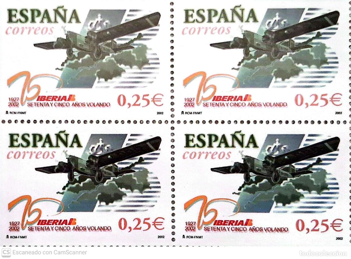 Sellos: Espa&ntilde;a. 3907 Aniversario primer vuelo de Iberia, en bloque de cuatro. 2002. Sellos nuevos y numerac