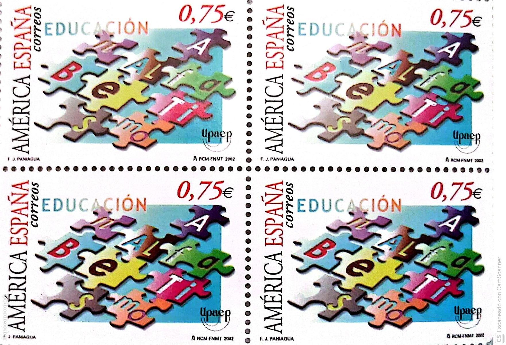 Sellos: Espa&ntilde;a. 3933 Am&eacute;rica-Upaep: Piezas de puzzle, en bloque de cuatro. 2002. Sellos nuevos y numeraci&oacute;n
