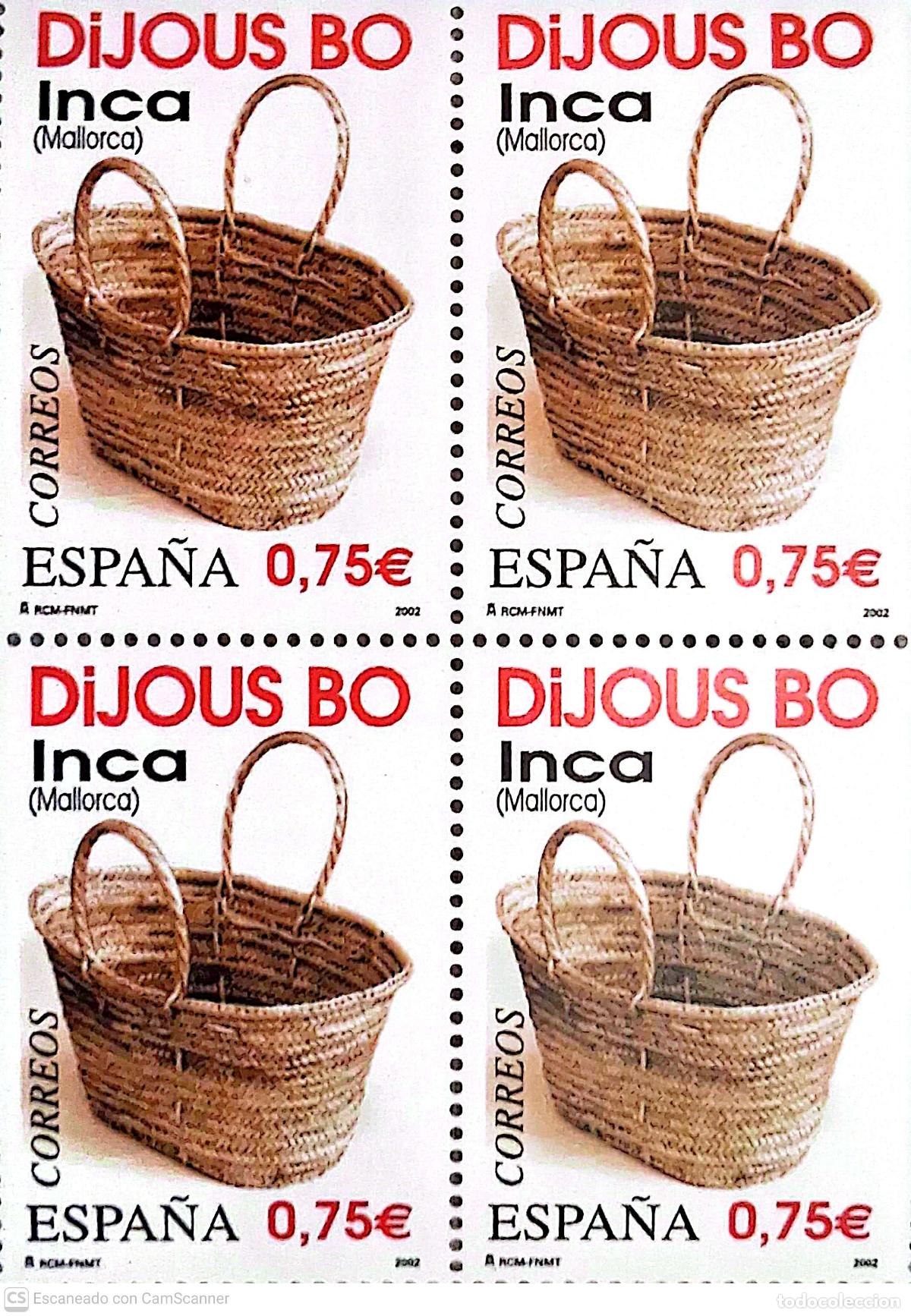 Sellos: Espa&ntilde;a. 3935 Dijous bo. Mercado tradicional de Inca (Baleares) , en bloque de cuatro. 2002. Sellos n