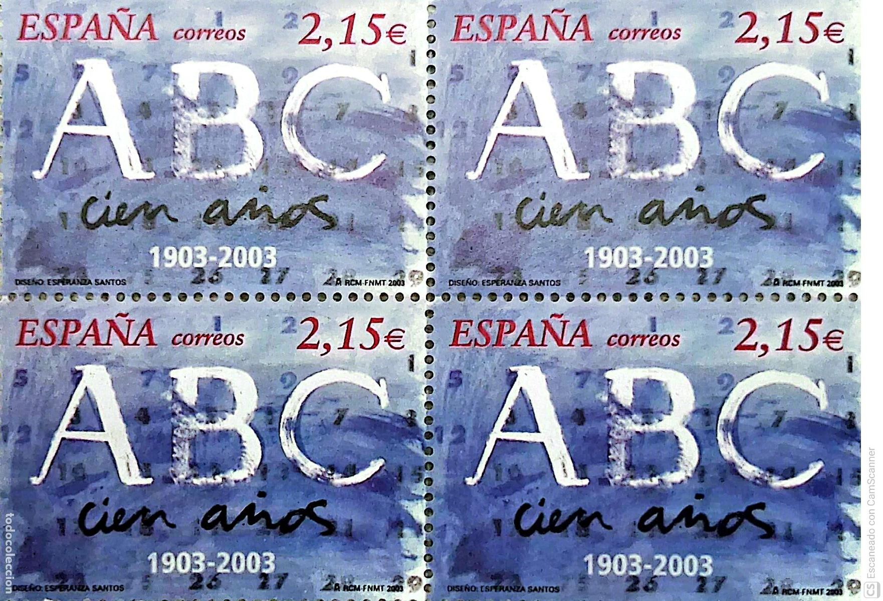 Sellos: Espa&ntilde;a. 3963 Diario ABC, en bloque de cuatro. 2003. Numeraci&oacute;n Edifil y sellos nuevos