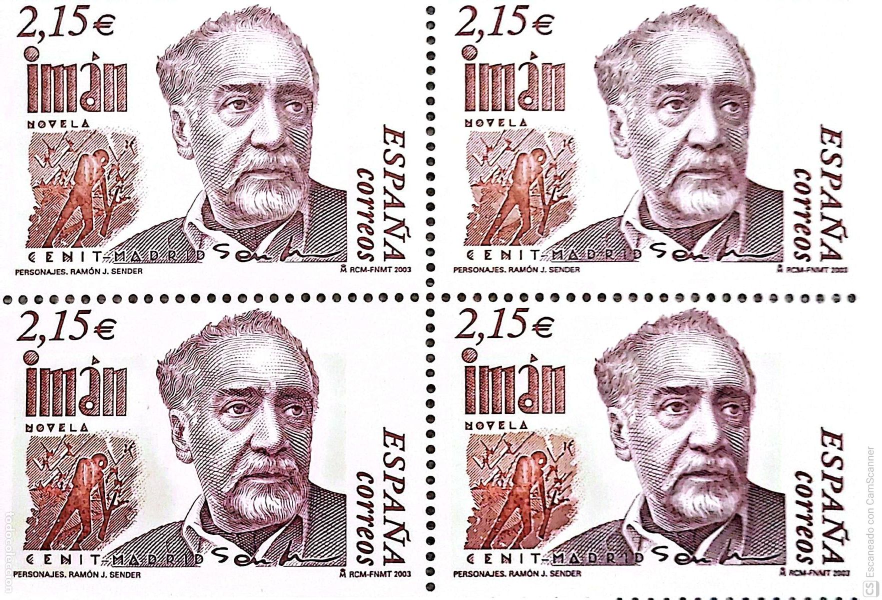 Sellos: Espa&ntilde;a. 3977 Ram&oacute;n J. Sender, en bloque de cuatro. 2003. Numeraci&oacute;n Edifil y sellos nuevos