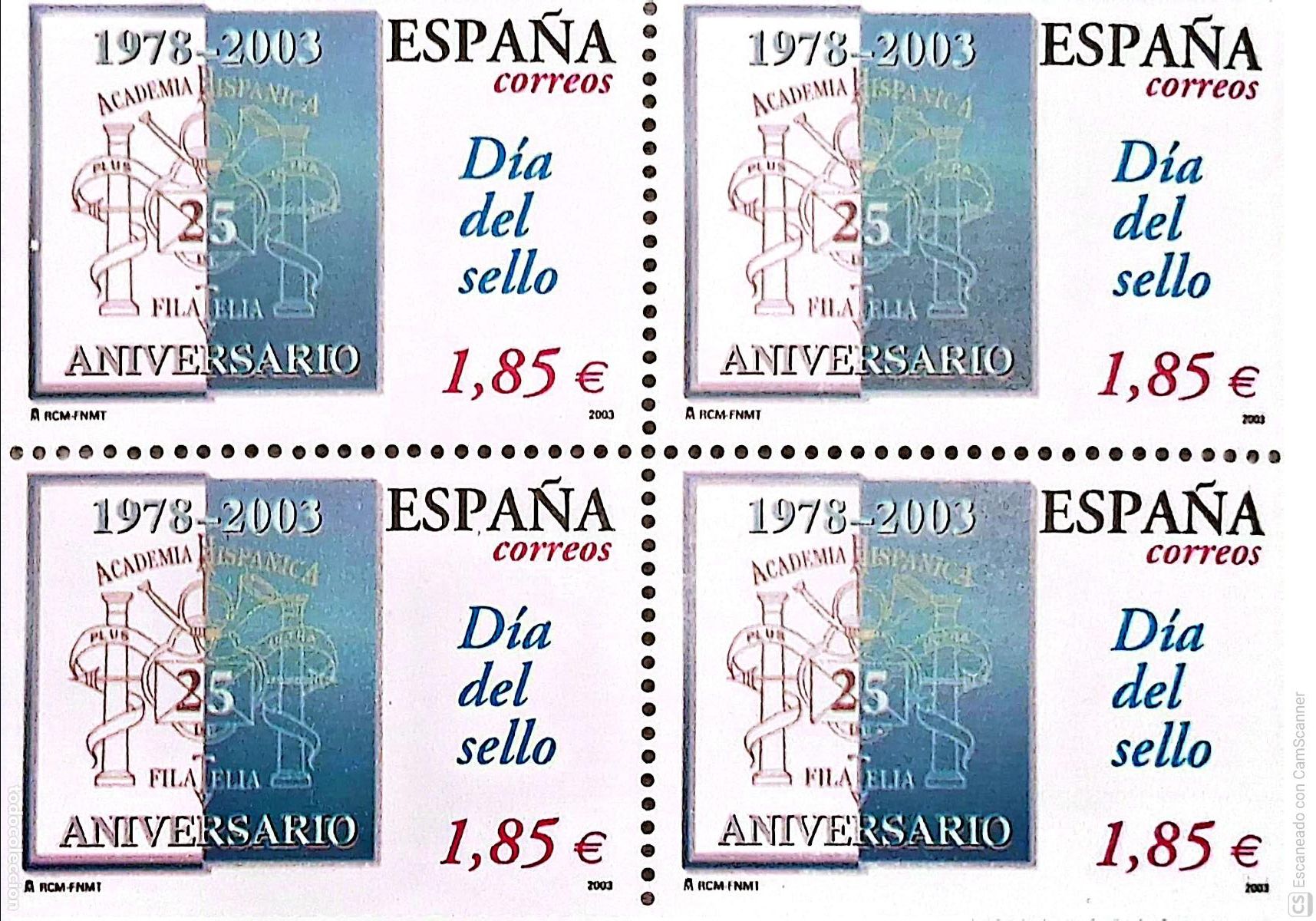 Sellos: Espa&ntilde;a. 3980 D&iacute;a del sello, en bloque de cuatro. 2003. Numeraci&oacute;n Edifil y sellos nuevos