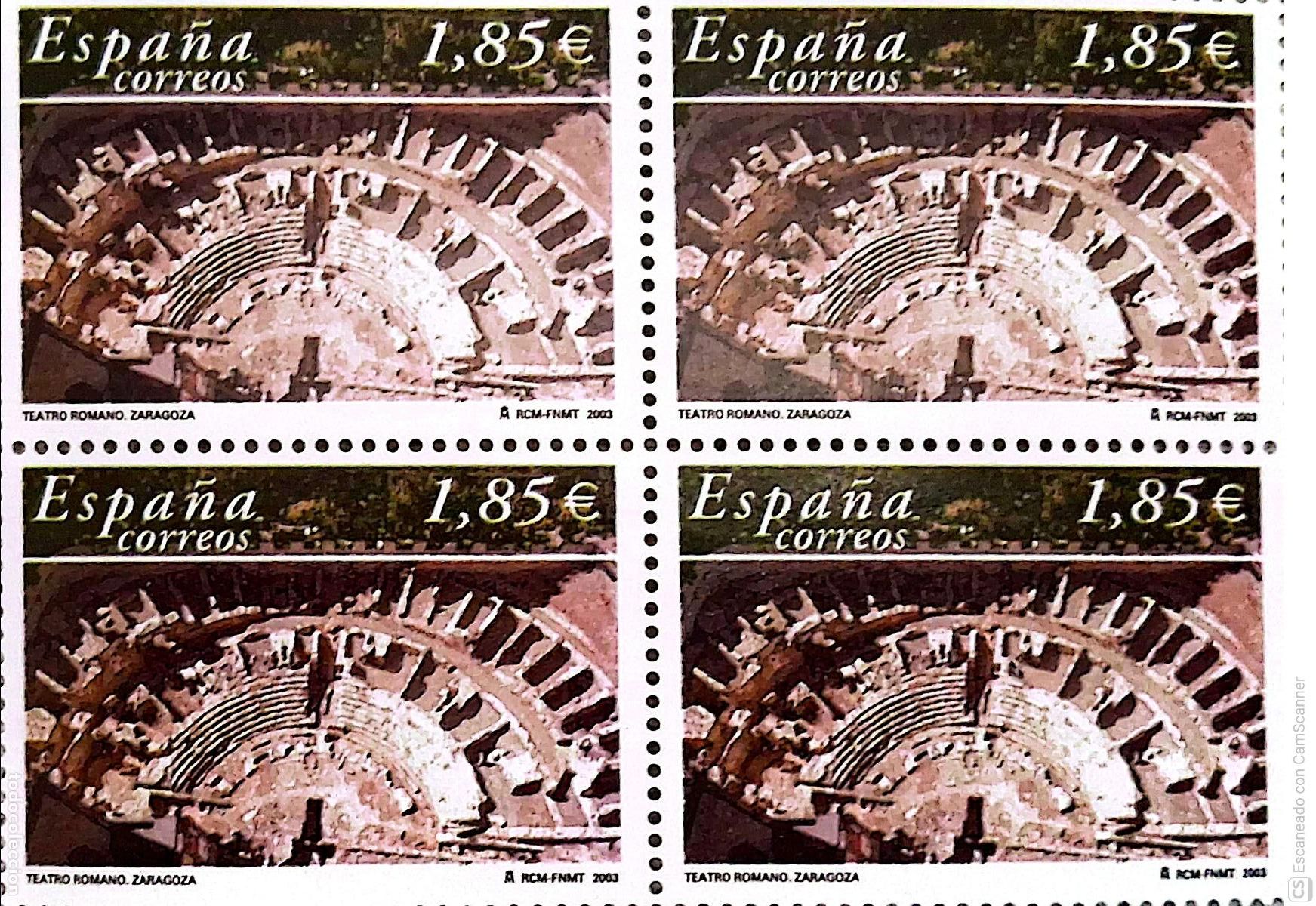 Sellos: Espa&ntilde;a. 3984 Teatro romano Zaragoza, en bloque de cuatro. 2003. Numeraci&oacute;n Edifil y sellos nuevos