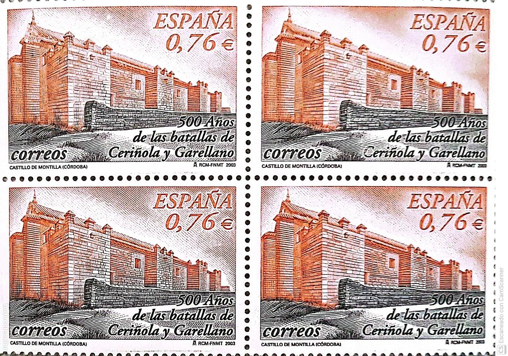 Sellos: Espa&ntilde;a. 3988 Castillos: Montilla (C&oacute;rdoba), en bloque de cuatro. 2003. Numeraci&oacute;n Edifil y sellos nu