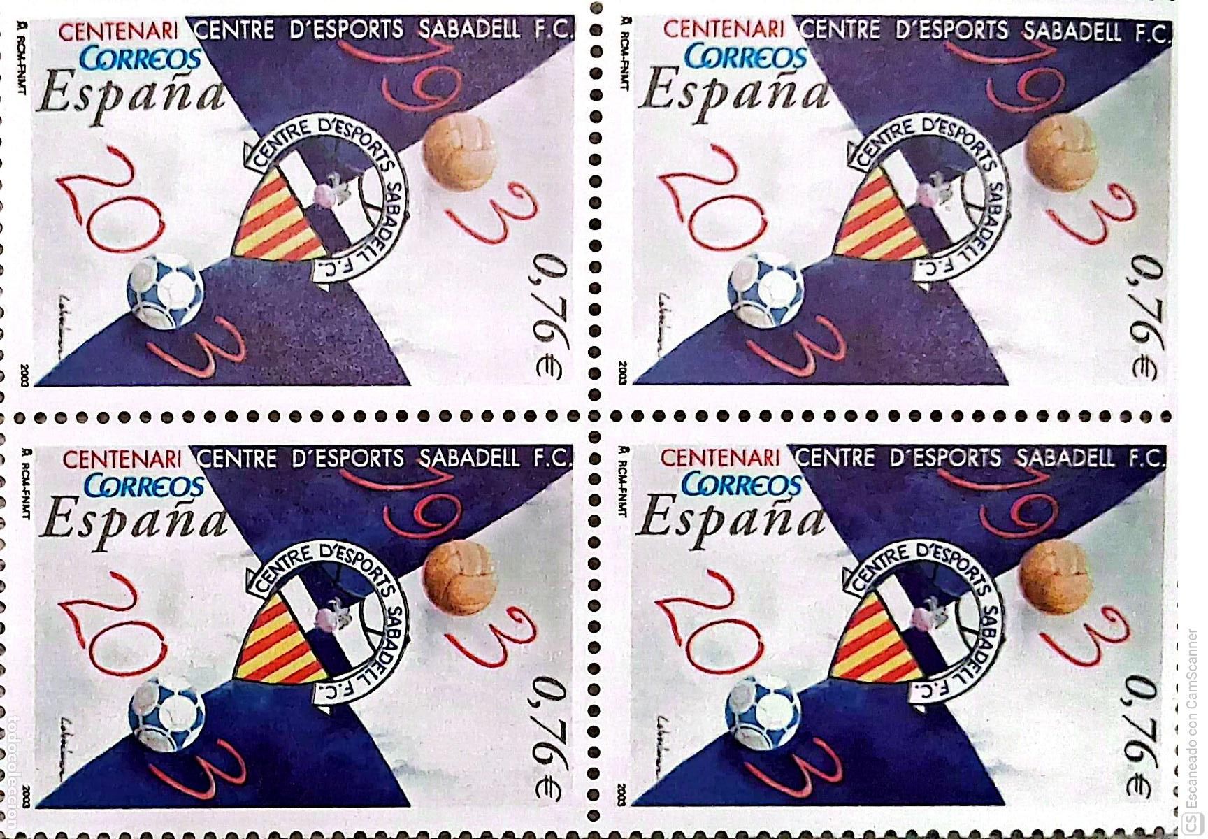 Sellos: Espa&ntilde;a. 3993 Club Sabadell, en bloque de cuatro. 2003. Sellos nuevos y numeraci&oacute;n Edifil