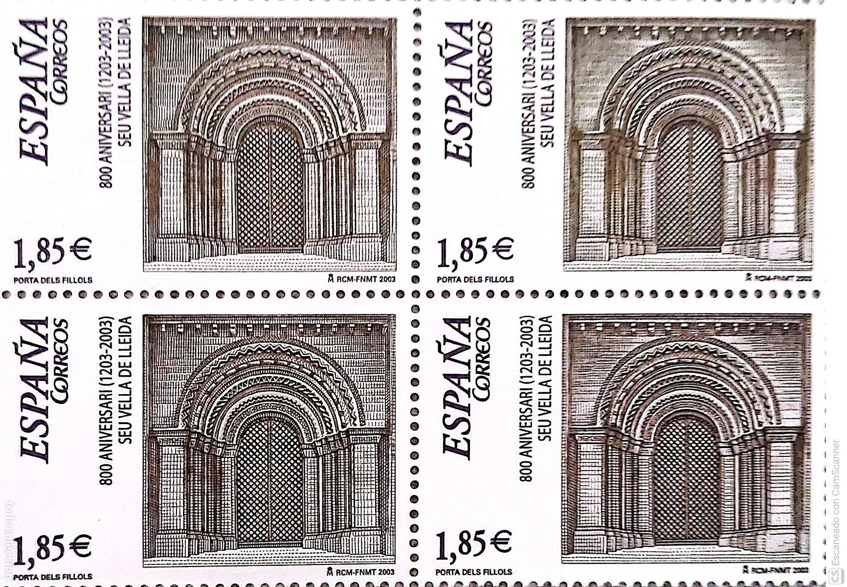 Sellos: Espa&ntilde;a. 4001 La Seo de Lleida, en bloque de cuatro. 2003. Numeraci&oacute;n Edifil y sellos nuevos