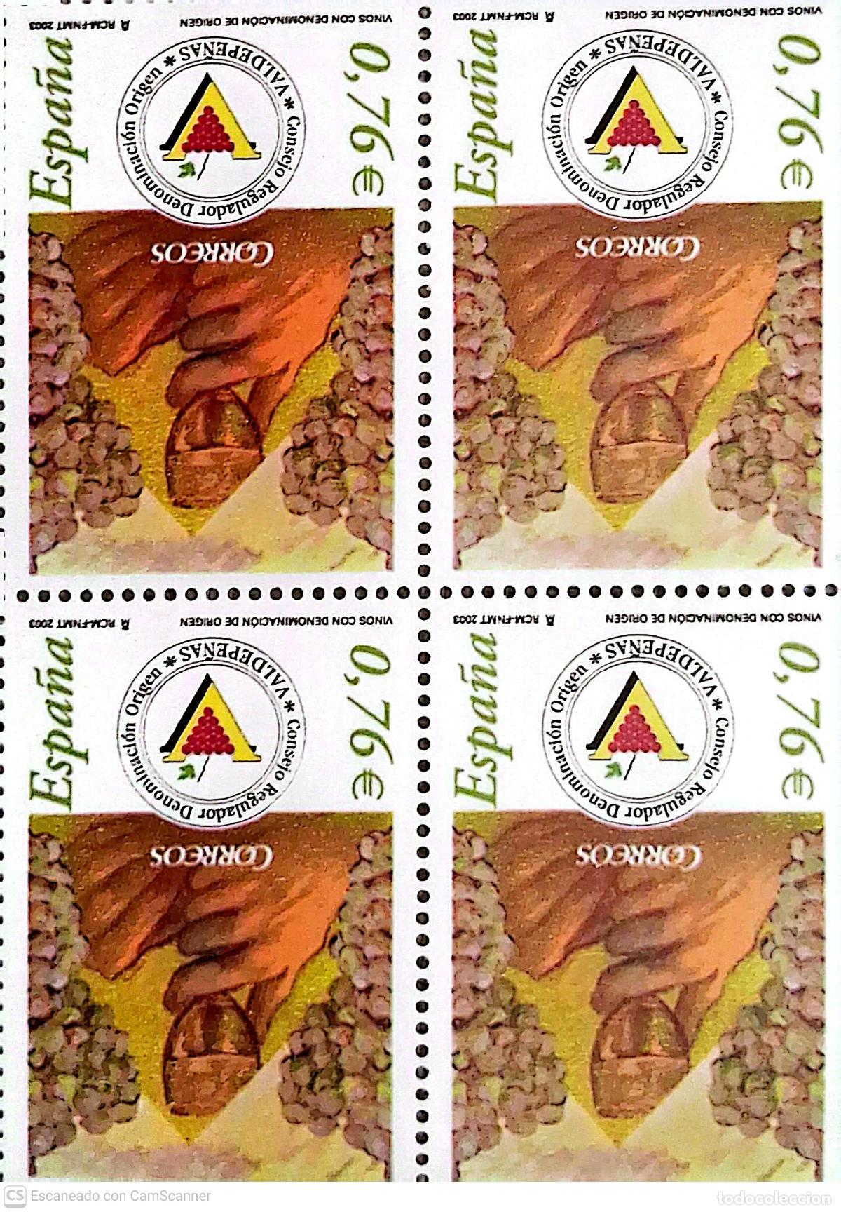 Sellos: Espa&ntilde;a. 4017 Vinos: Valdepe&ntilde;as, en bloque de cuatro. 2003. Numeraci&oacute;n Edifil y sellos nuevos