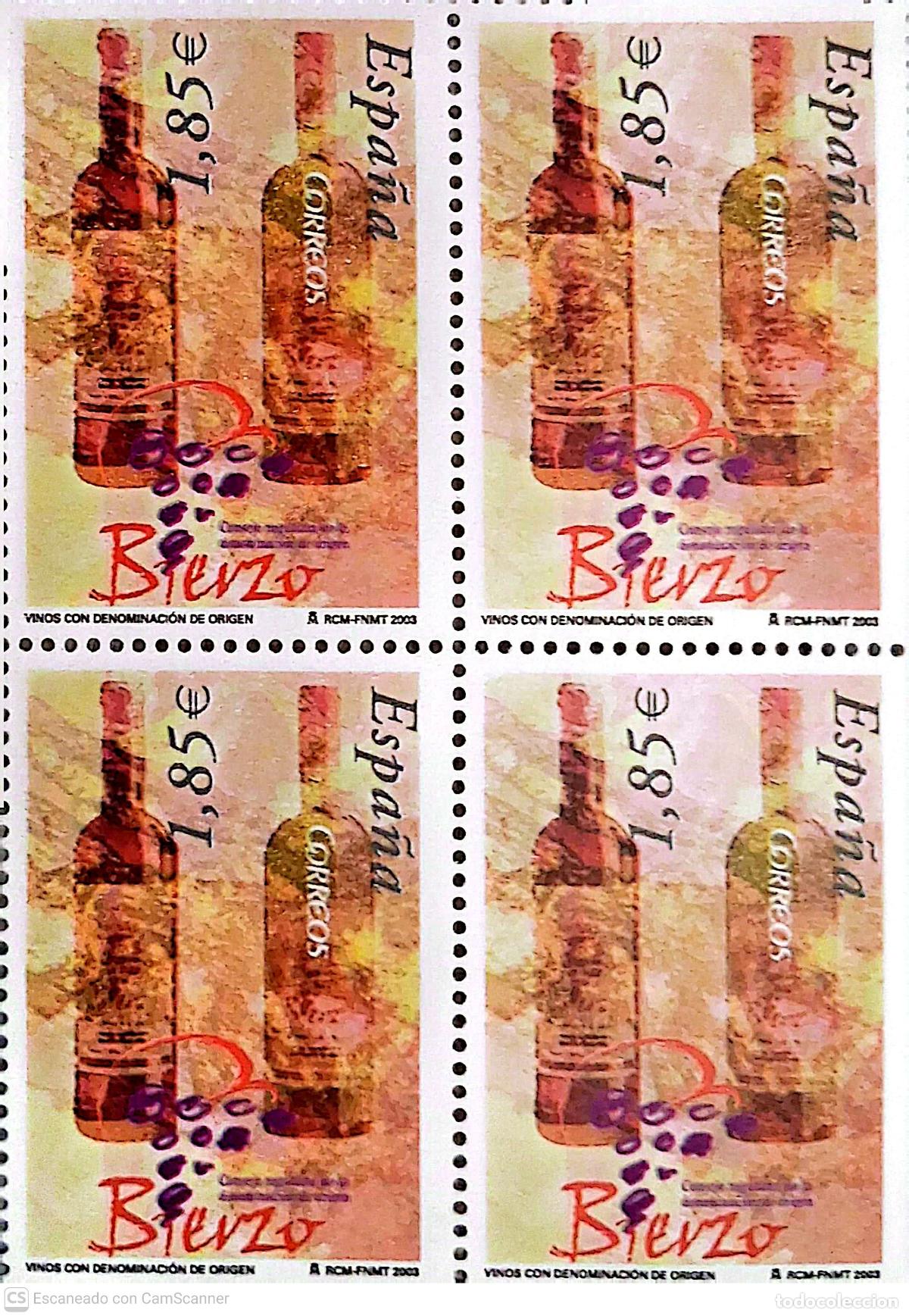 Sellos: Espa&ntilde;a. 4018 Vinos: Bierzo, en bloque de cuatro. 2003. Numeraci&oacute;n Edifil y sellos nuevos