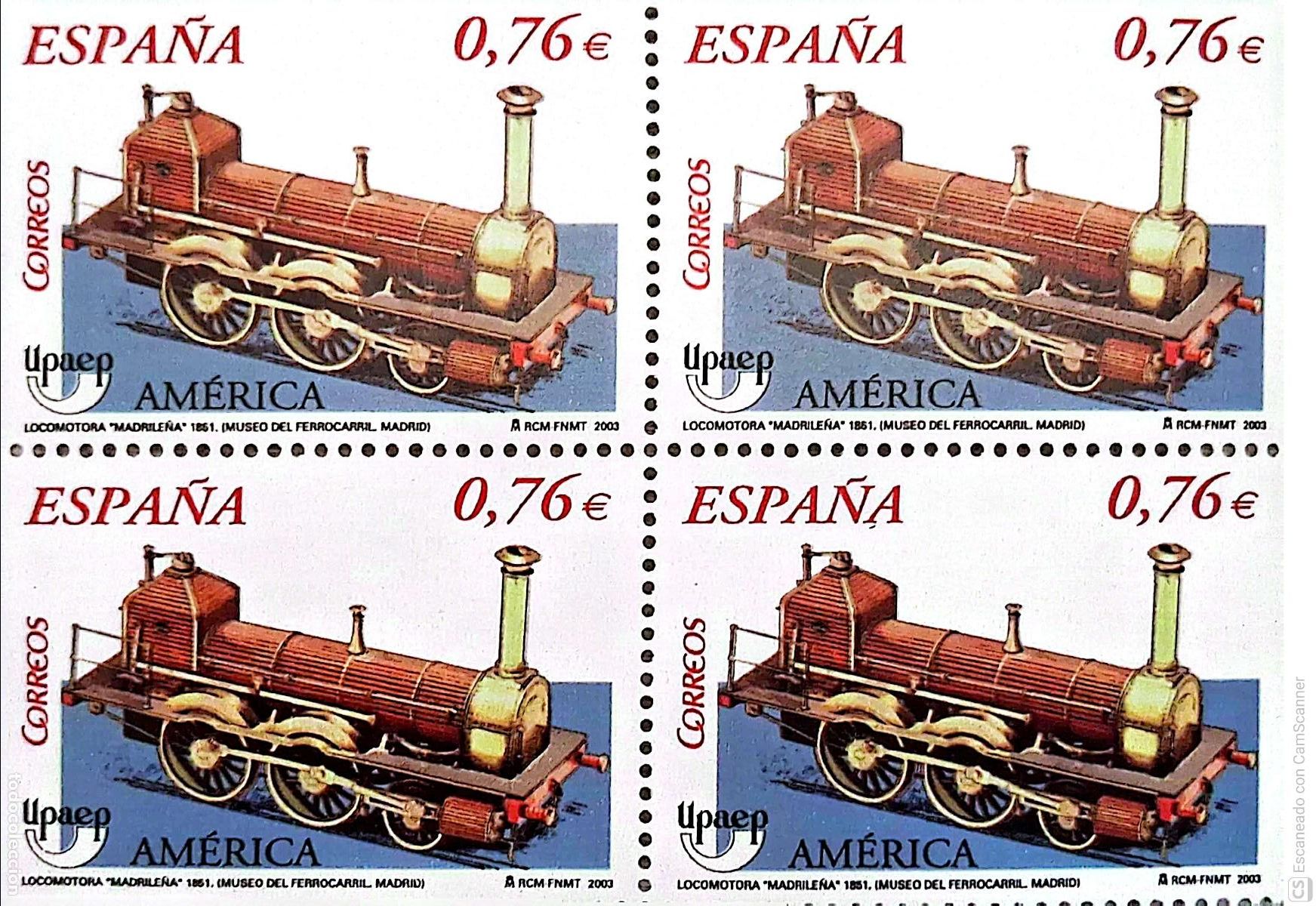 Sellos: Espa&ntilde;a. 4025 Am&eacute;rica-Upaep: Locomotora, en bloque de cuatro. 2003. Numeraci&oacute;n Edifil y sellos nuevos
