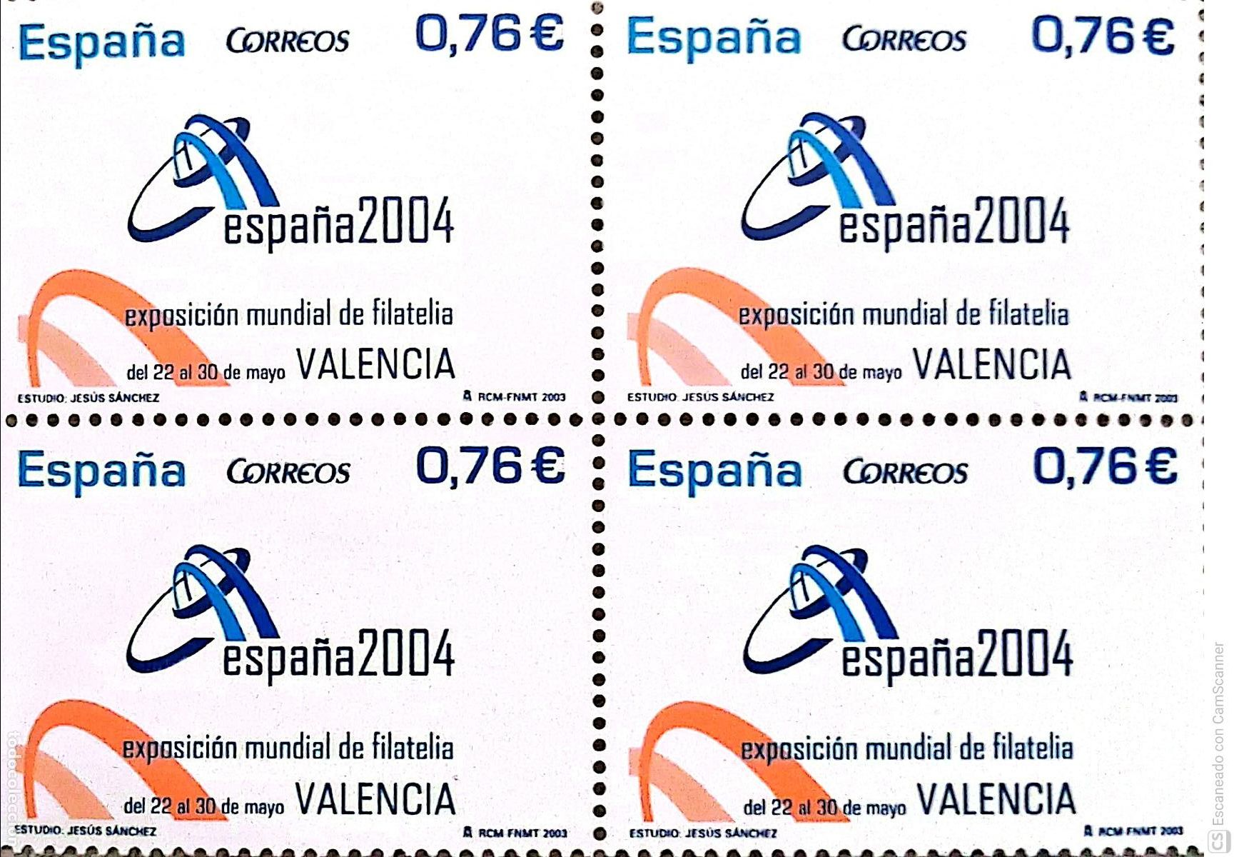Sellos: Espa&ntilde;a. 4033 Espa&ntilde;a'2004 (Valencia), en bloque de cuatro. 2003. Numeraci&oacute;n Edifil y sellos nuevos