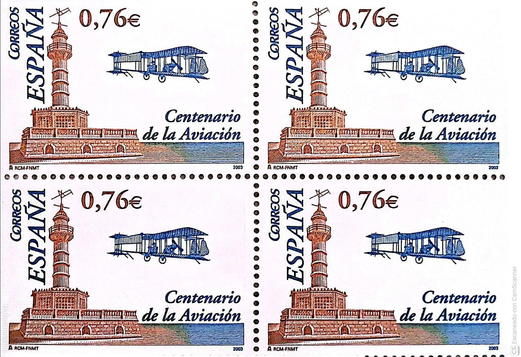 Sellos: Espa&ntilde;a. 4047 Centenario Aviaci&oacute;n, en bloque de cuatro. 2003. Numeraci&oacute;n Edifil y sellos nuevos