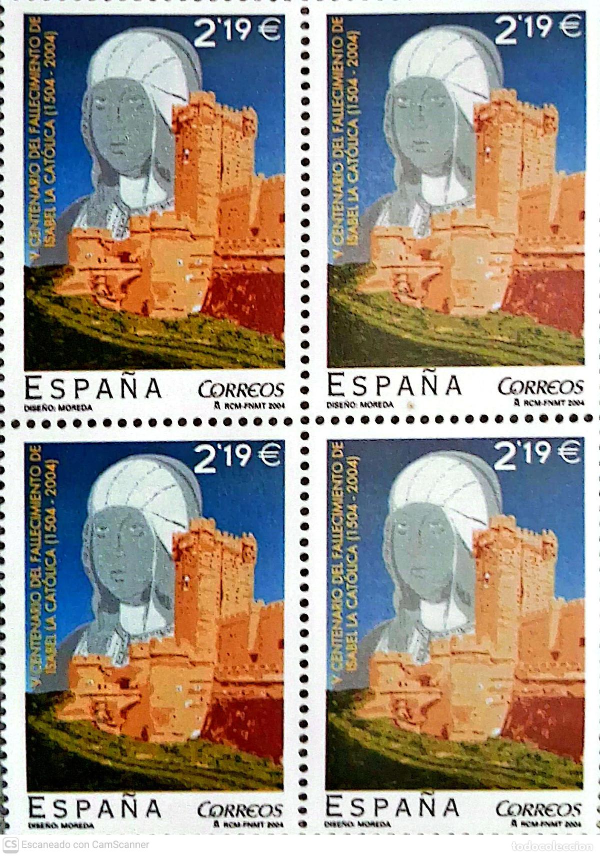 Sellos: Espa&ntilde;a. 4130 Aniversario del fallecimiento de Isabel la Cat&oacute;lica, en bloque de cuatro. 2004. Sellos