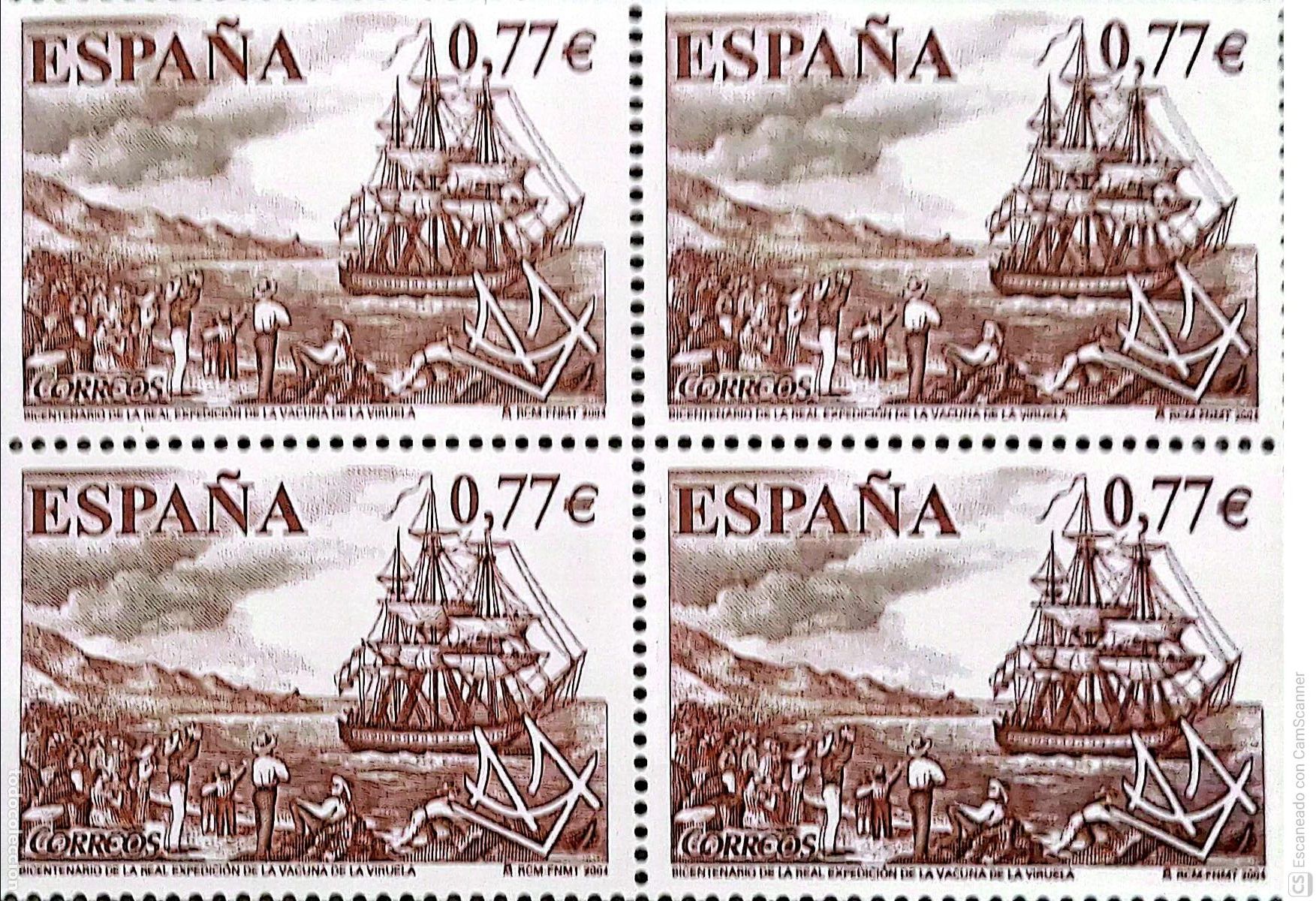 Sellos: Espa&ntilde;a. 4131 Bicentenario de la Expedici&oacute;n de la vacuna de la viruela: Barco, en bloque de cuatro.