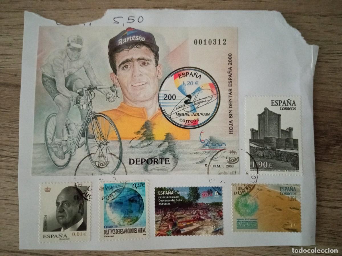 Sellos: HOJA SIN DENTAR DEPORTE MIGUEL INDURAIN + 5 SELLOS MAS, PEGADOS Y MATASELLADOS