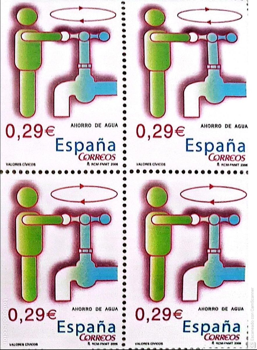 Sellos: Espa&ntilde;a. 4225 Valores c&iacute;vicos: Ahorro de agua, en bloque de cuatro. 2006. Sellos nuevos y numeraci&oacute;n