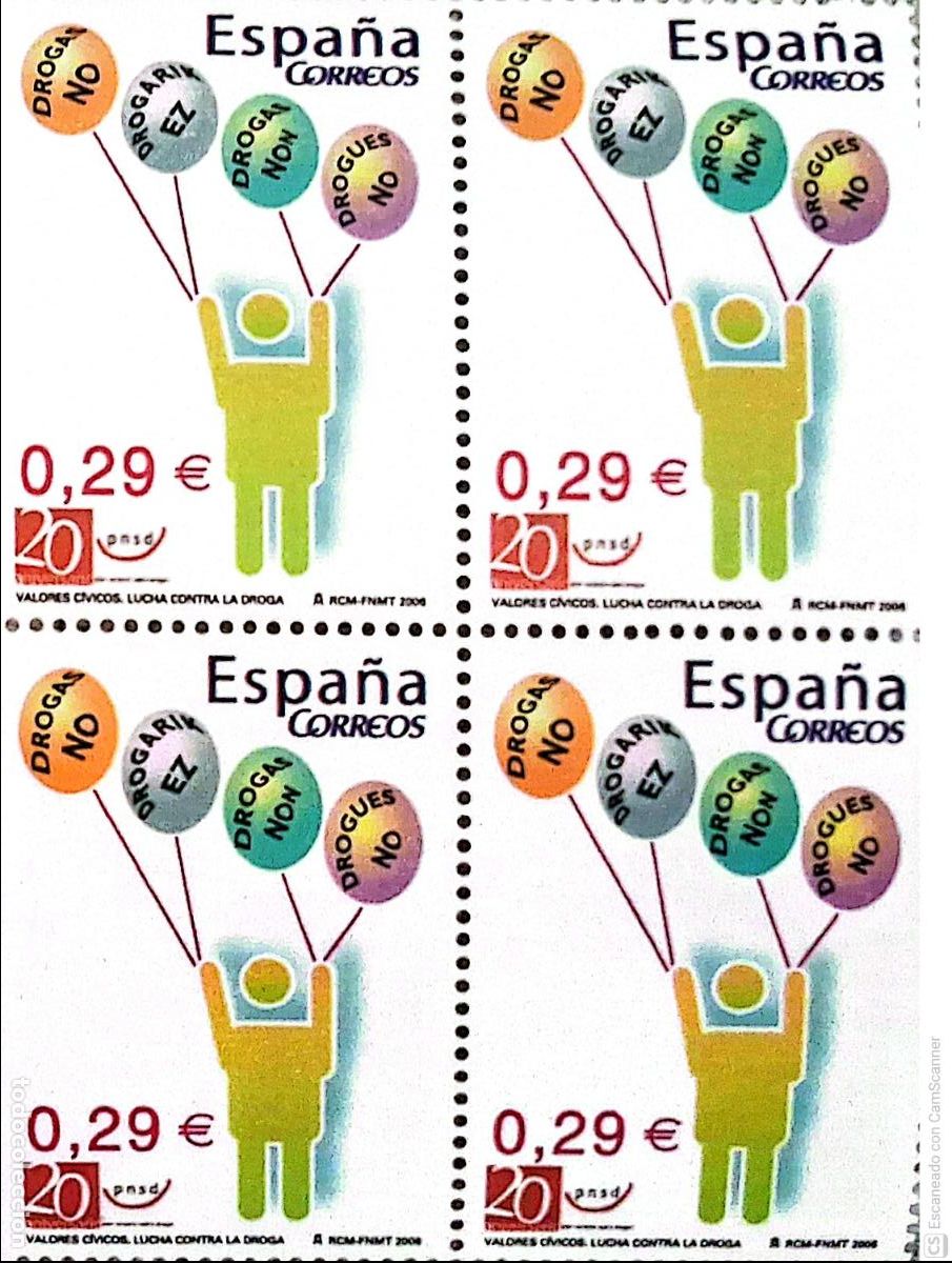 Sellos: Espa&ntilde;a. 4226 Valores c&iacute;vicos: Lucha contra la droga, en bloque de cuatro. 2006. Sellos nuevos y nume
