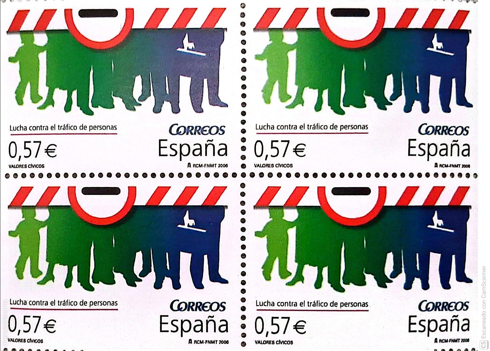 Sellos: Espa&ntilde;a. 4228 Valores c&iacute;vicos: Lucha contra el tr&aacute;fico de personas, en bloque de cuatro. 2006. Sellos