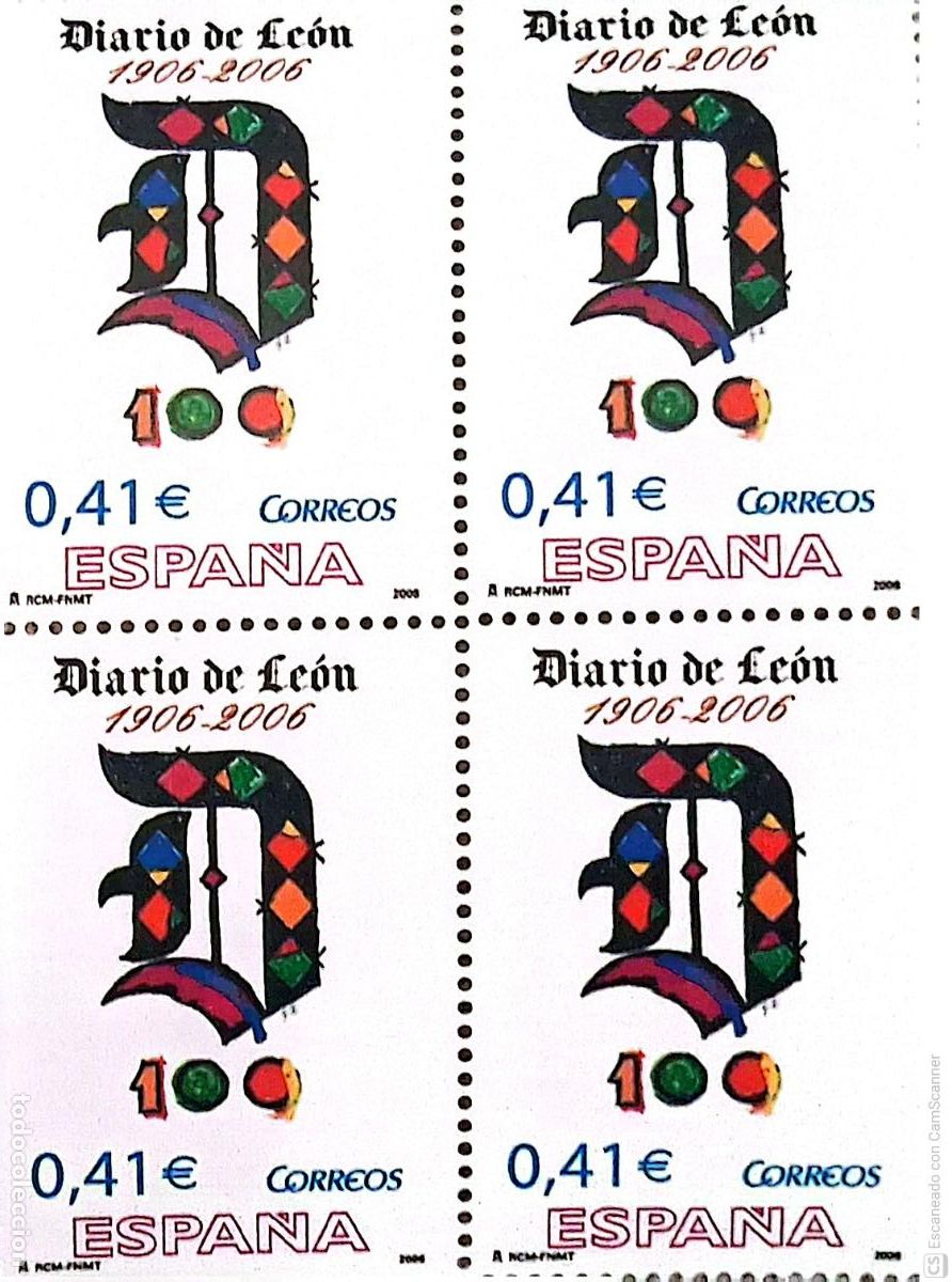 Sellos: Espa&ntilde;a. 4229 Diario de Le&oacute;n, en bloque de cuatro. 2006. Sellos nuevos y numeraci&oacute;n Edifil
