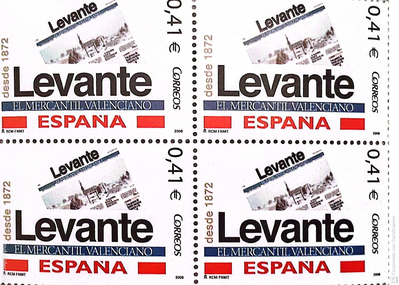 Sellos: Espa&ntilde;a. 4231 Diario de Levante, en bloque de cuatro. 2006. Sellos nuevos y numeraci&oacute;n Edifil