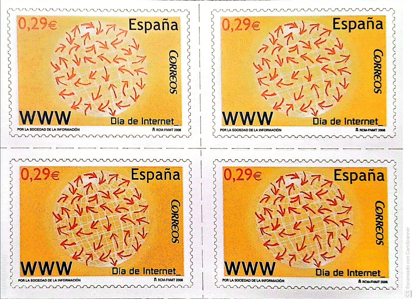 Sellos: Espa&ntilde;a. 4238 Ciencia: D&iacute;a del Internet, en bloque de cuatro. 2006. Sellos nuevos y numeraci&oacute;n Edifil