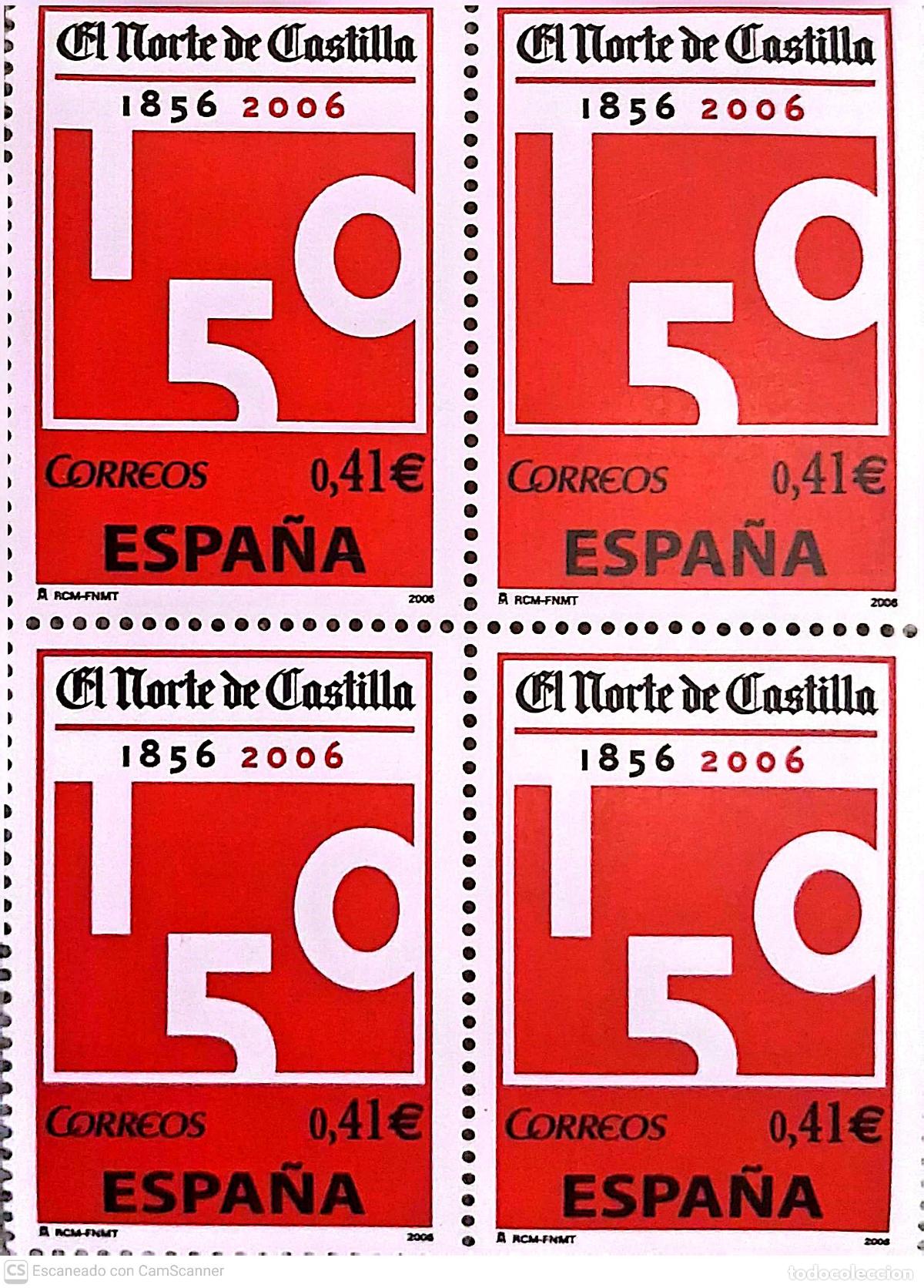 Sellos: Espa&ntilde;a. 4233 Diario El Norte de Castilla, en bloque de cuatro. 2006. Sellos nuevos y numeraci&oacute;n Edif