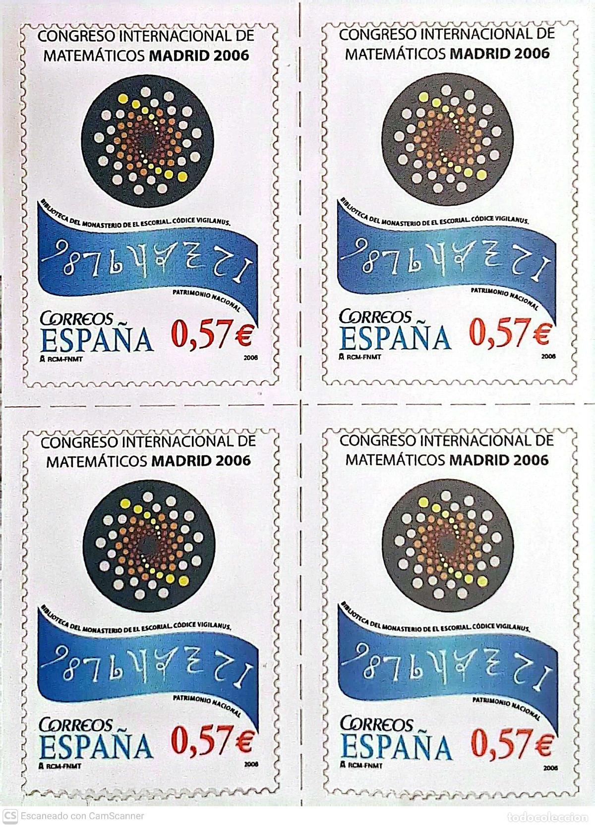 Sellos: Espa&ntilde;a. 4239 Ciencia: Congreso Internacional de Matem&aacute;ticas: Logotipo, en bloque de cuatro. 2006. Se
