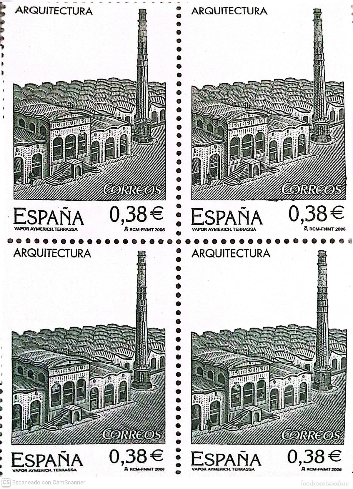 Sellos: Espa&ntilde;a. 4244 Arquitectura: Vapor Aymerich, f&aacute;brica textil (Tarrasa-Barcelona), en bloque de cuatro.