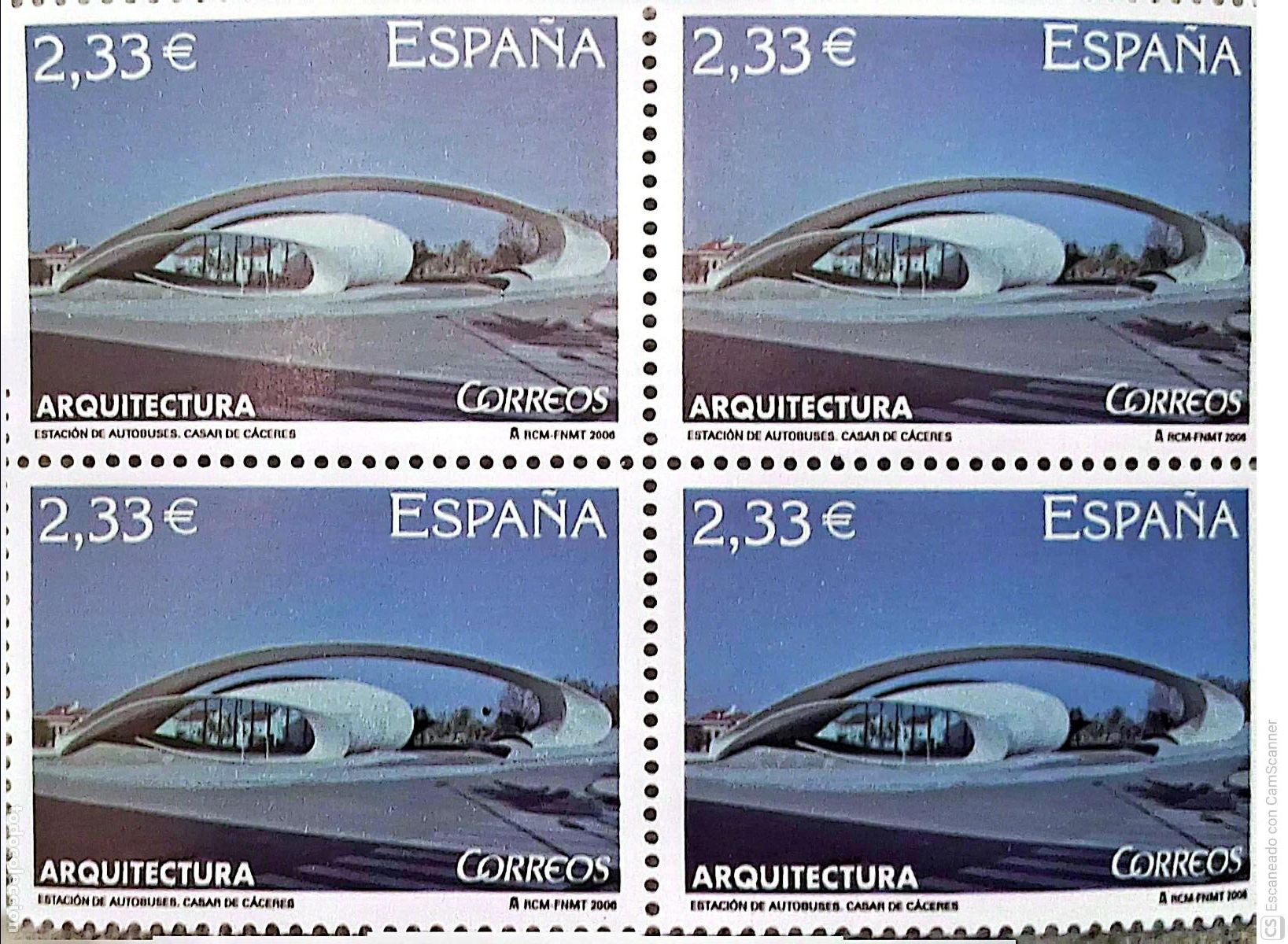 Sellos: Espa&ntilde;a. 4248 Arquitectura: Estaci&oacute;n de autobuses de casar de C&aacute;ceres, en bloque de cuatro. 2006. Sel