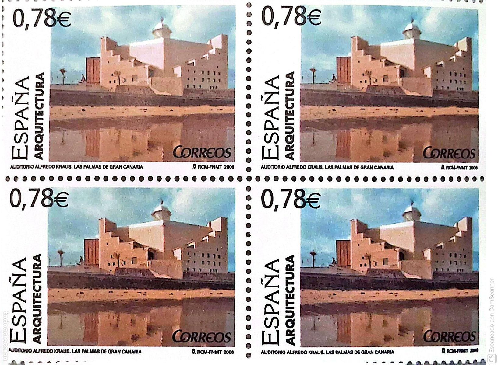Sellos: Espa&ntilde;a. 4247 Arquitectura: Auditoris Alfredo Kraus, Las Palmas de Gran Canaria, en bloque de cuatro.