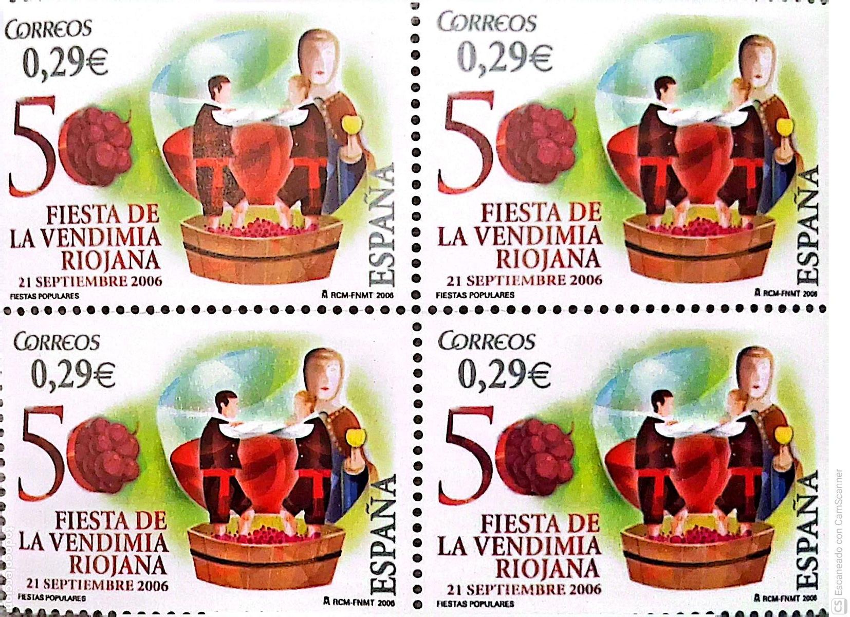 Selos: Espa&ntilde;a. 4265 Fiesta Vendimia Riojana, en bloque de cuatro. 2006. Sellos nuevos y numeraci&oacute;n Edifil