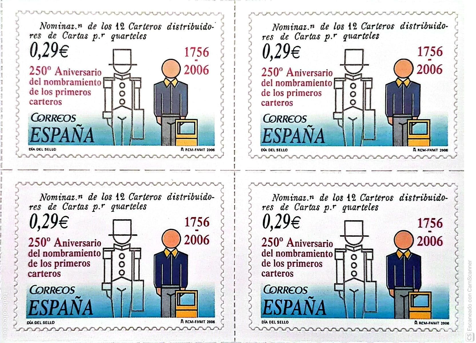 Selos: Espa&ntilde;a. 4276 D&iacute;a del Sello: Carteros con uniformes, en bloque de cuatro. 2006. Sellos nuevos y numer