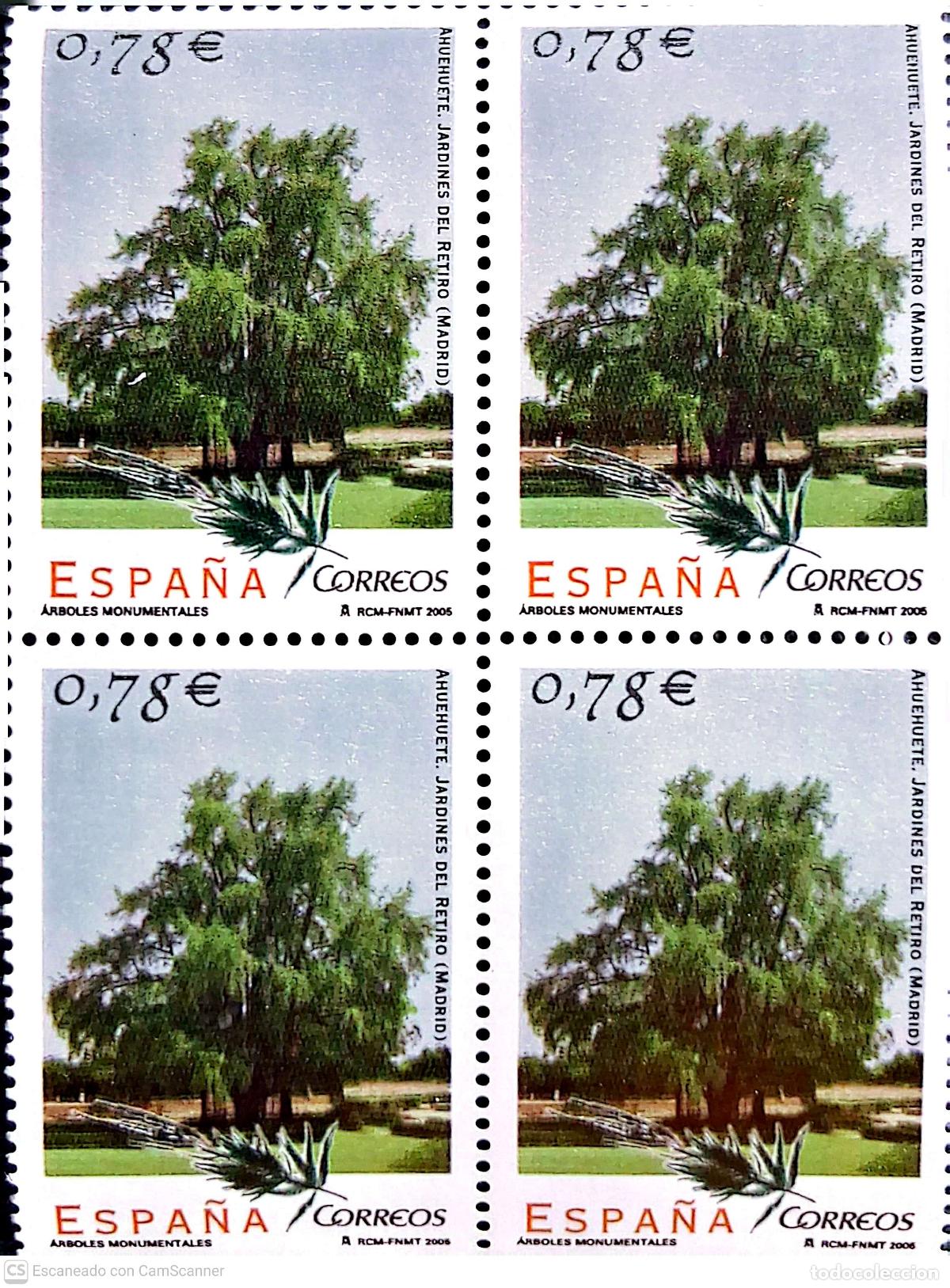Sellos: Espa&ntilde;a. 4149 &Aacute;rboles ornamentales: Ahuehuete del Parque del Retiro (Madrid), en bloque de cuatro. 2