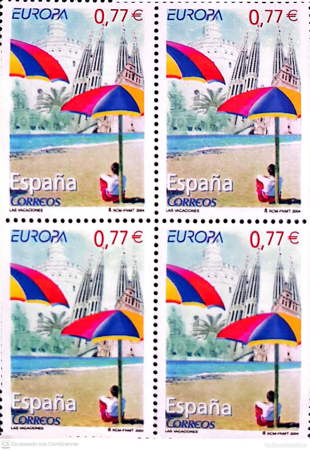Sellos: Espa&ntilde;a. 4079 Europa-Cept: Vacaciones, en bloque de cuatro. 2004. Sellos nuevos y numeraci&oacute;n Edifil.