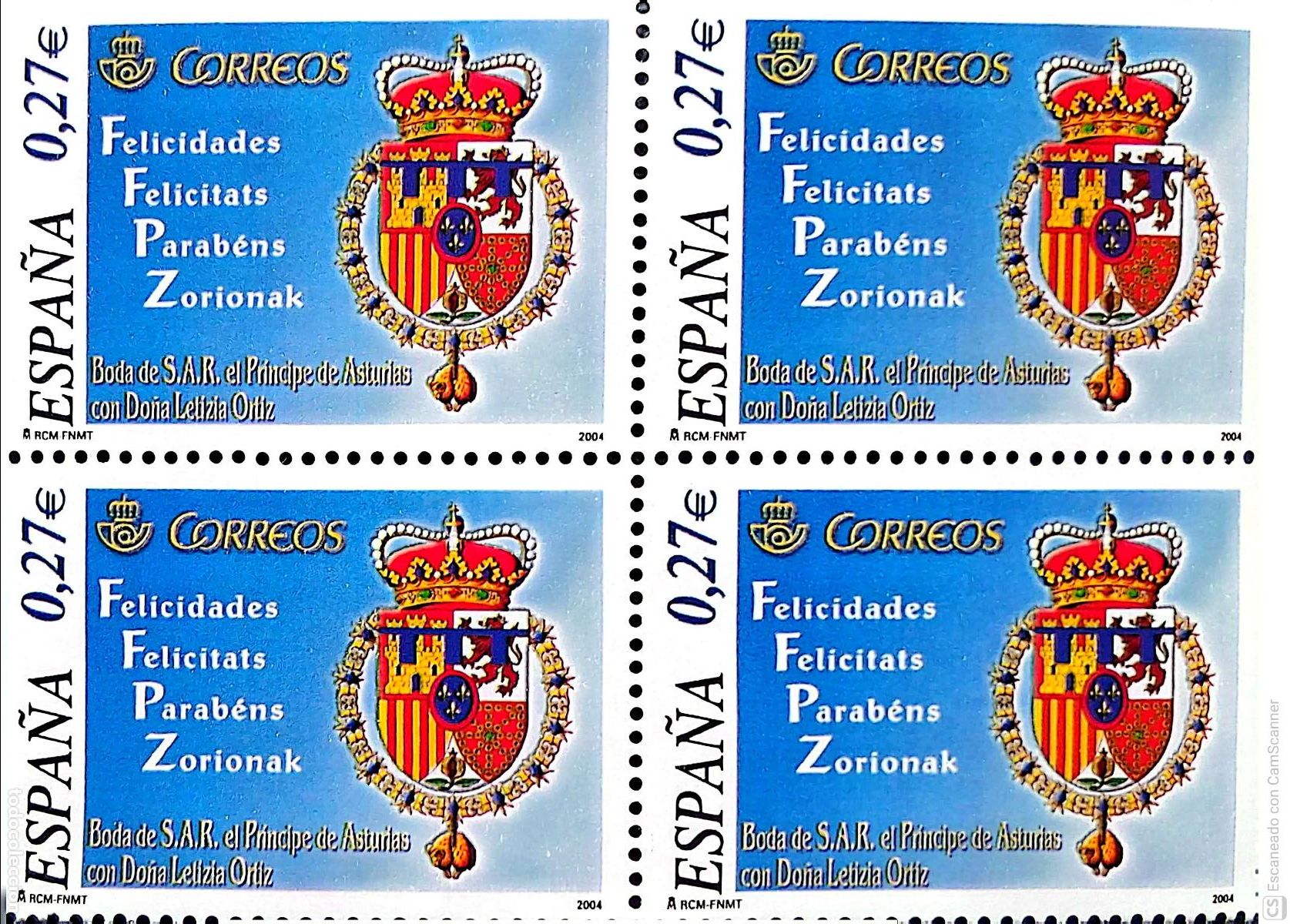 Sellos: Espa&ntilde;a. 4083 Boda de S.A.R., el Pr&iacute;ncipe de Asturias con Do&ntilde;a Leticia Ortiz, con felicitaciones en c