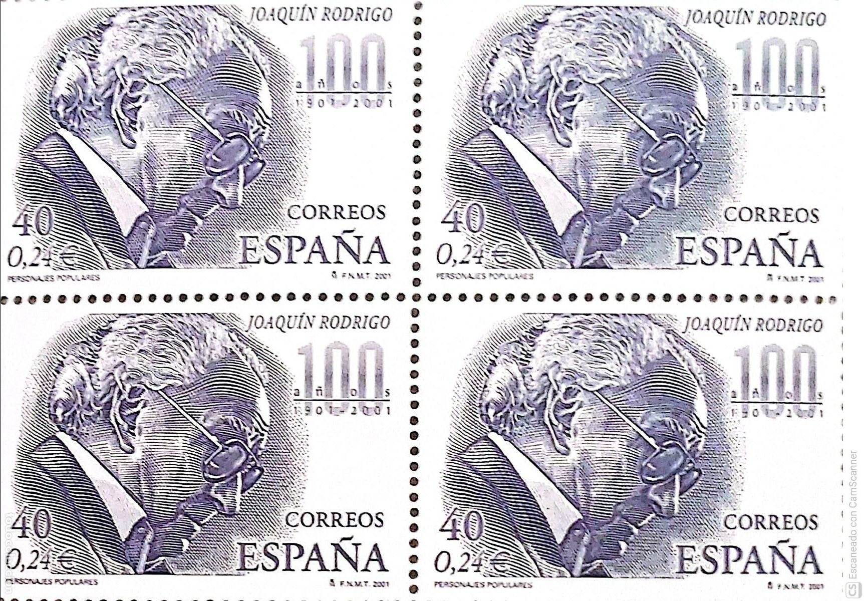 Sellos: Espa&ntilde;a. 3783 Personajes: Joaqu&iacute;n Rodrigo, en bloque de cuatro. 2001. Sellos nuevos y numeraci&oacute;n Edif