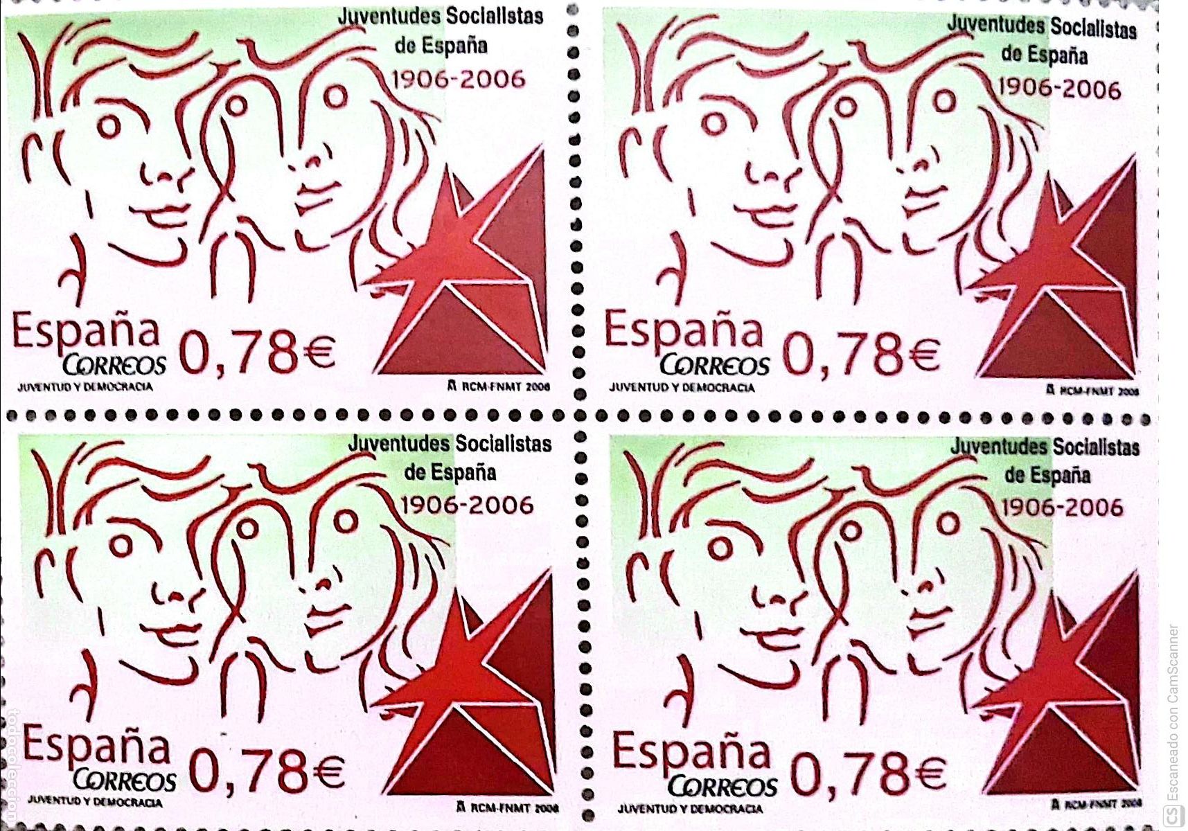 Sellos: Espa&ntilde;a. 4240 Juventud y Democracia, en bloque de cuatro. 2006. Sellos nuevos y numeraci&oacute;n Edifil