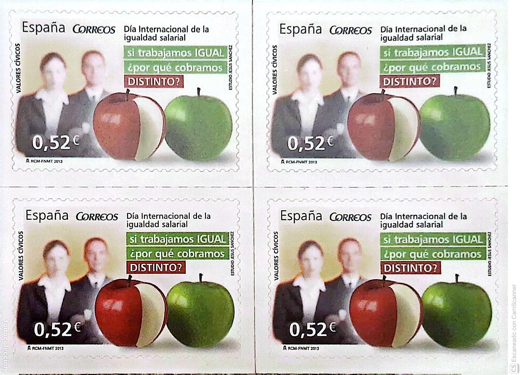 Sellos: Espa&ntilde;a. 4776 Valores c&iacute;vicos:D&iacute;a Internacional de la igualdad salarial, en bloque de cuatro. 2013. S