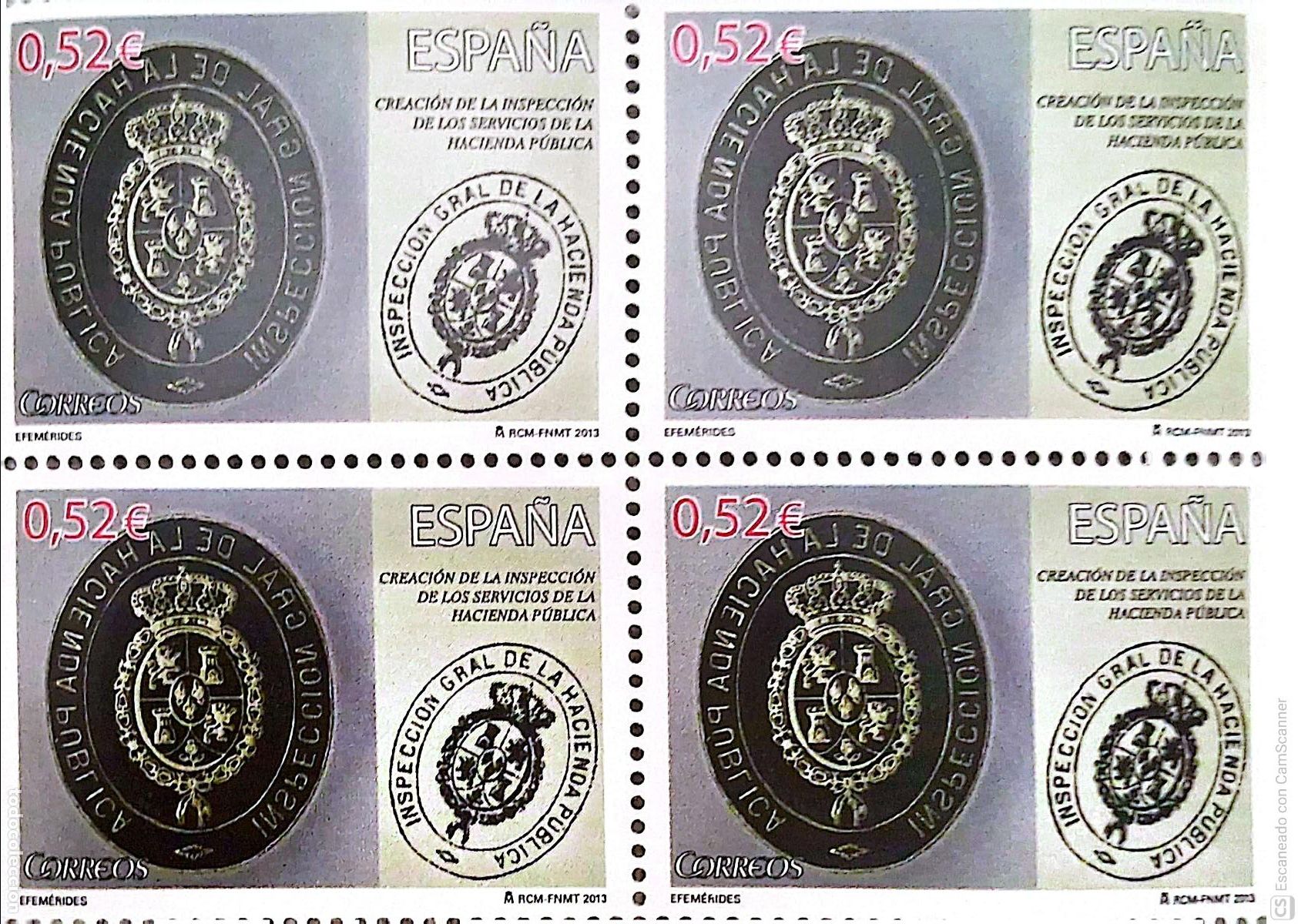 Sellos: Espa&ntilde;a. 4801 Efem&eacute;rides: Creaci&oacute;n de La Hacienda, en bloque de cuatro. 2013. Sellos nuevos y numerac