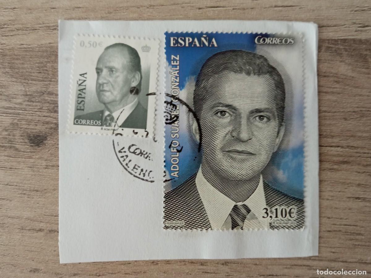 Sellos: 2 SELLOS ESPA&Ntilde;OLES, ADOLFO SUAREZ, PEGADOS Y MATASELLADOS