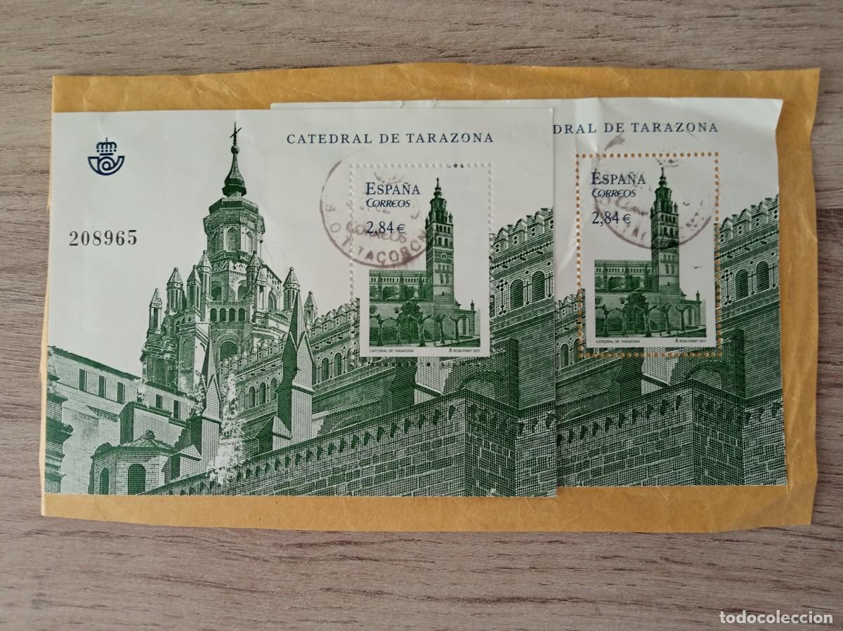 Sellos: 2 HOJAS BLOQUE CATEDRAL DE TARAZONA, PEGADAS Y MATASELLADAS