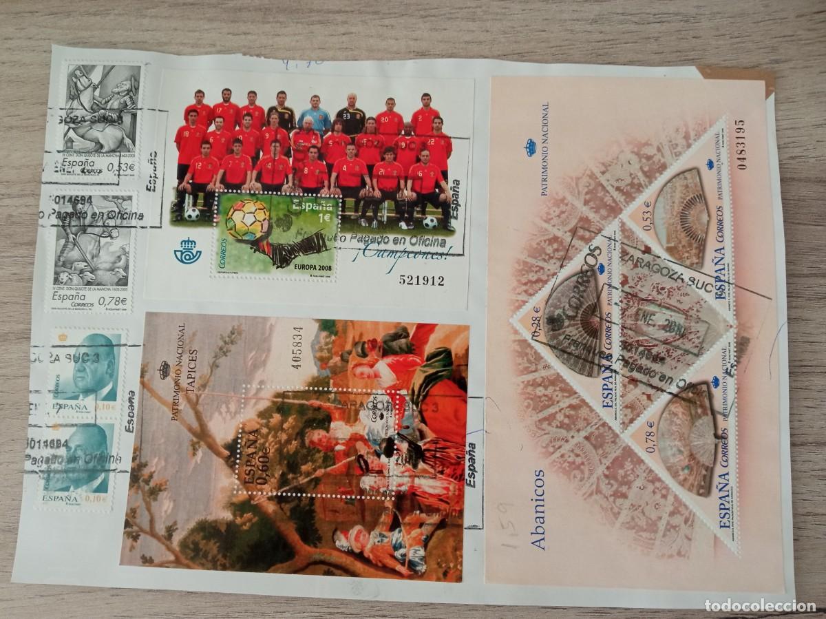 Sellos: 3 HOJAS BLOQUE, ABANICOS, FUTBOL, TAPICES Y 4 SELLOS MAS, PEGADOS Y MATASELLADOS