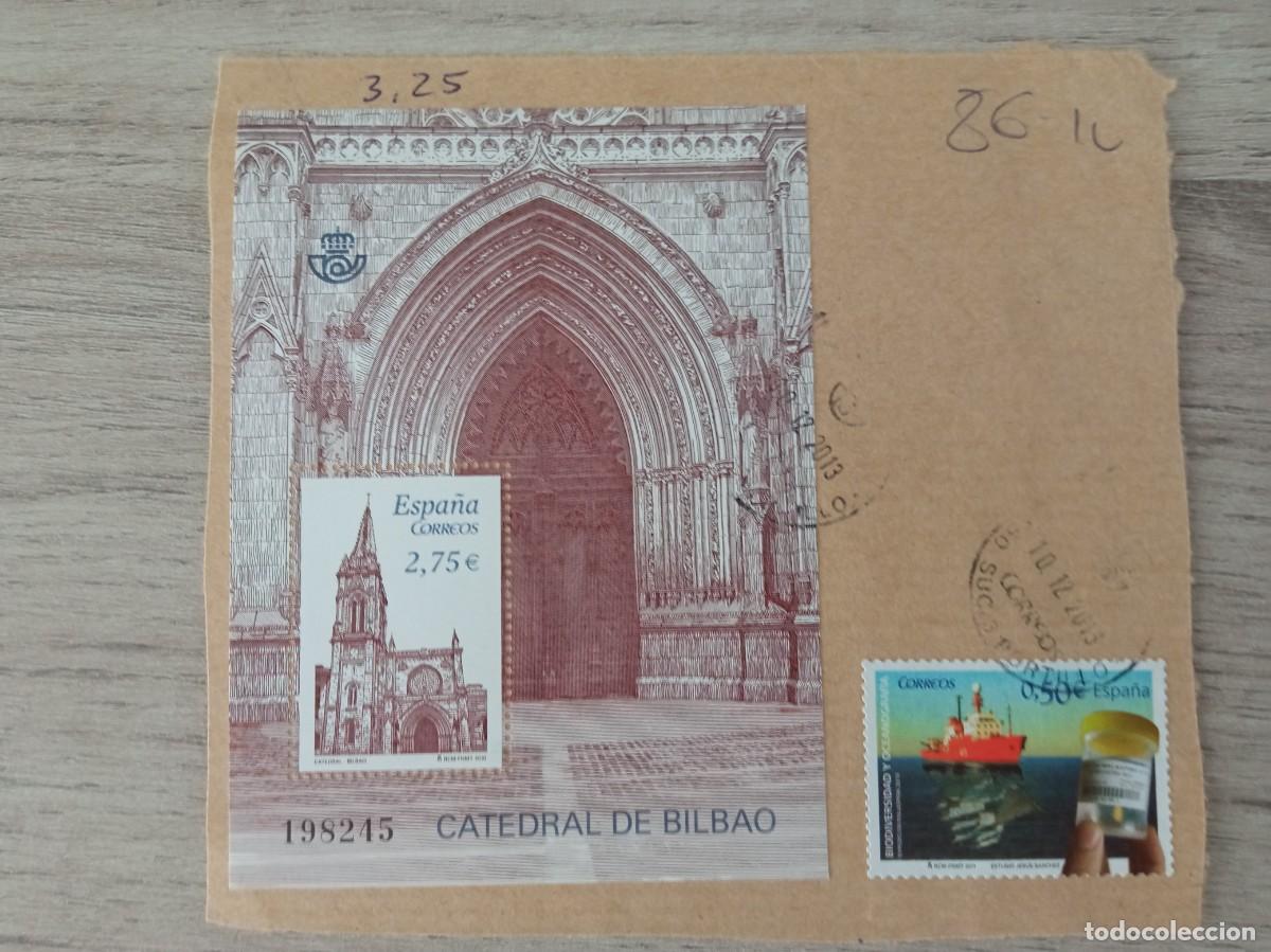 Sellos: HOJA BLOQUE CATEDRAL DE BILBAO Y UN SELLO M&Aacute;S, PEGADOS Y MATASELLADOS
