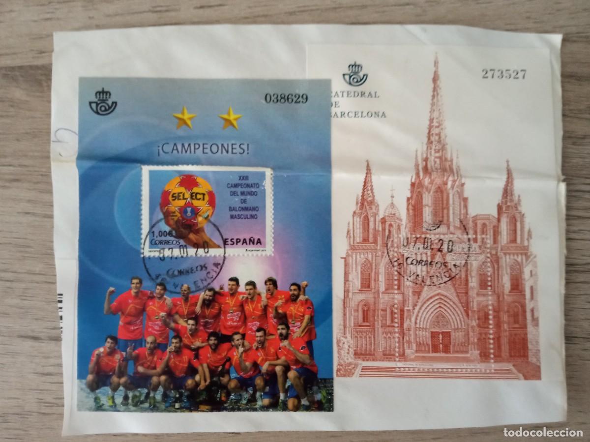 Sellos: 2 HOJAS BLOQUE CAMPEONES DE BALONMANO Y CATEDRAL DE BARCELONA, PEGADOS Y MATASELLADOS