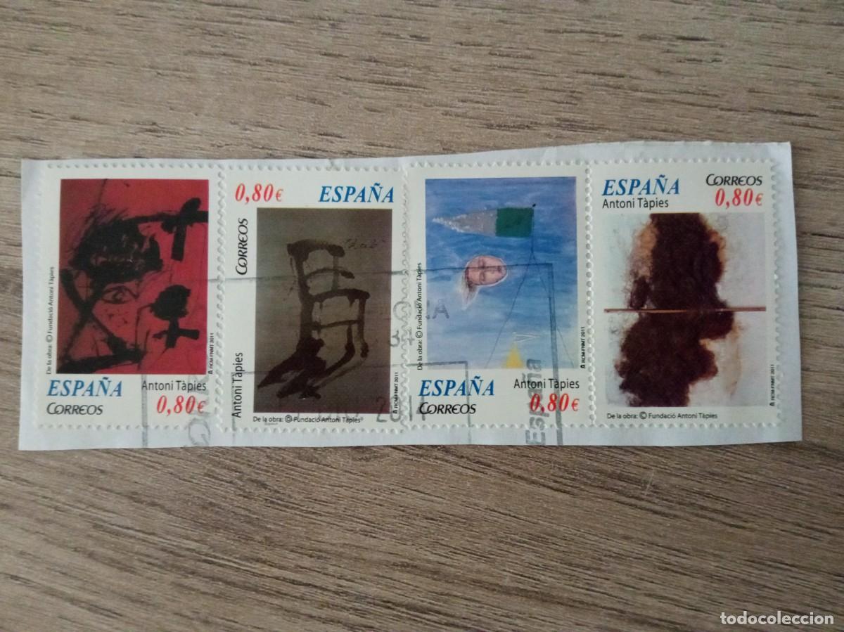 Sellos: 4 SELLOS ESPA&Ntilde;OLES , ANTONI TAPIES, PEGADOS Y MATASELLADOS