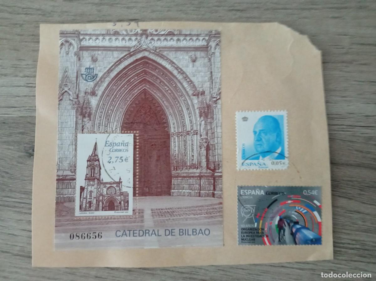 Sellos: HOJA BLOQUE CATEDRAL DE BILBAO Y DOS SELLOS M&Aacute;S, PEGADOS Y MATASELLADOS