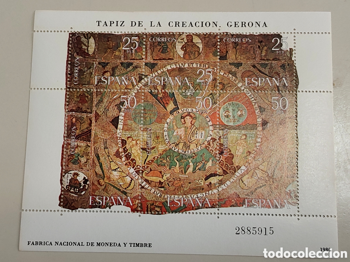Sellos: Bloque de sellos conmemorativos Tapiz de la Creaci&oacute;n Gerona a&ntilde;o 1980 Fabrica nacional moneda timbre